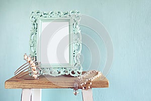 Blank victorian style frame, pearls necklace and hair decoration