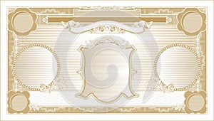 Blank vintage banknote with a portrait in the middle gold