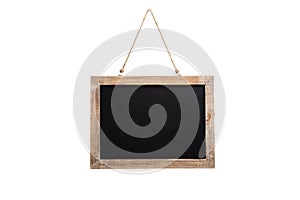 Blank vintage chalkboard with wooden frame and rope for hanging