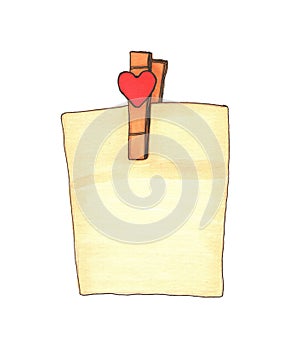Blank vintage paper with a clothespin heart. Mock up. Place for text. A hand-drawn sketch icon