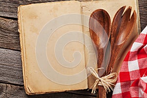 Blank vintage recipe cooking book and utensils