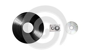 Blank vinyl, cassette and cd disk mockup set, isolated