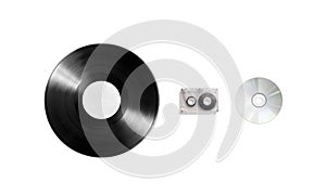 Blank vinyl, cassette and cd disk mockup set, isolated photo