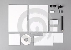 Blank visual identity. Letterhead, business cards, envelopes, folder, CD, pencil, eraser, clip.