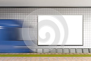 Blank wall for advertising poster on subway station with train