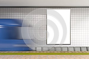 Blank wall for advertising poster on subway station with train