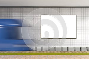 Blank wall for advertising poster on subway station with train