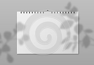 Blank wall calendar. Empty planner front view with white paper pages and plant shadow. Date event, month diary, calendar