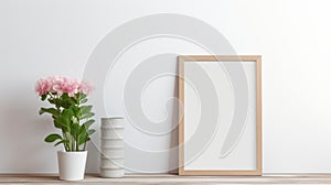 Blank Wall Frame With Pink And White Vase - 3d Render