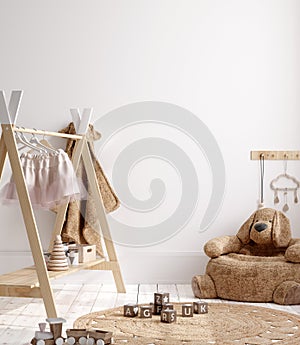 Blank wall mock up in cozy nursery interior background, Scandinavian style