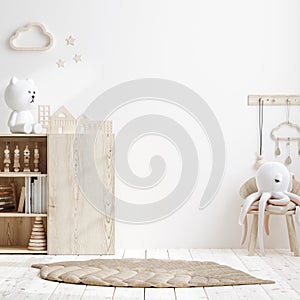 Blank wall mock up in cozy nursery interior background, Scandinavian style