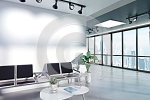 Blank wall in waiting room mockup with large windows and sun passing through 3D rendering