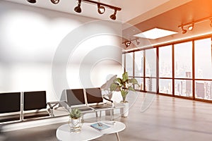 Blank wall in waiting room mockup with large windows and sun passing through 3D rendering