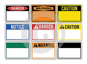 Blank warning signs. Set of warning signs about the dangers. Dan