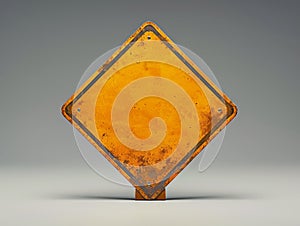 Blank Weathered Yellow Diamond Traffic Sign on a Grey Background Versatile Symbol for Custom Messages