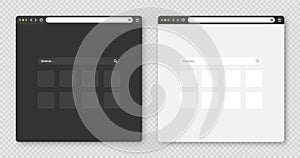Blank web browser window with toolbar and search field. Modern website, internet page in flat style. Browser mockup for photo