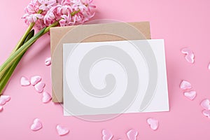 Blank wedding invitation stationery card mockup with envelope on pink background with hyacinth flowers and pink heart