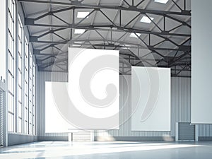Blank white banners in hangar. 3d rendering