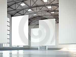 Blank white banners in hangar area. 3d rendering