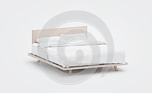 Blank white bed with pillows mockup, side view, isolated,