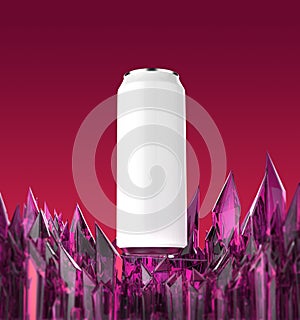 Blank white beer can mock-up on shiny purple crystal base 3d render,