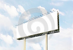 Blank white bill board on steel structure blue sky white cloud