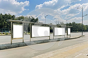 Blank white billboard on bus stop