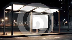 Blank white billboard at bus stop for mockup. 2 empty vertical billboards at night. AI generated