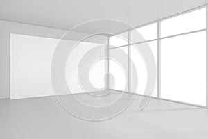 Blank white billboard in empty room with big windows, mock up, 3D Rendering