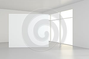 Blank white billboard in empty room with big windows, mock up, 3D Rendering