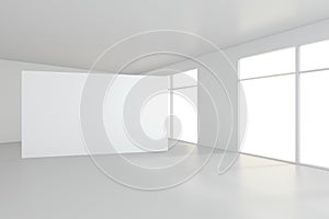 Blank white billboard in empty room with big windows, mock up, 3D Rendering