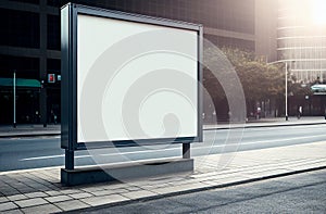 Blank white billboard mock up in the street side of the city background, display signboard