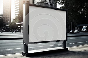 Blank white billboard mock up in the street side of the city background, display signboard