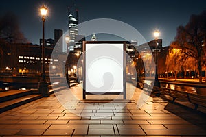 A blank white billboard mockup set on a pavement, framed by trees and skyscrapers illuminated against the night sky