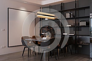 Blank White and Black Border Frame On the White Wall, Simple LED Chandelier, Black Shelves, Black Dining Set-up, 3D rendering