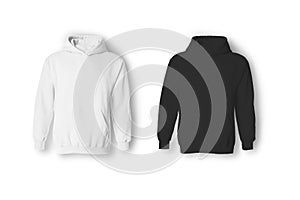 Blank white and black hoodies mockup isolated over white background. Handing on a wooden hanger unisex hoodies.