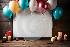 Blank white board with colorful balloons and candles on wooden background. with copy space