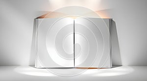 Blank white book cover template, a minimalist 3D illustration of an empty stack of paper on a black background.