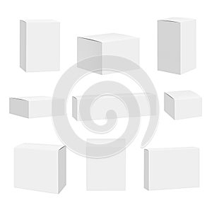 Blank white box. Packages container quadrate boxes detailed realistic vector mockup photo