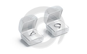Blank white box with silver diamond ring stand lying mockup photo