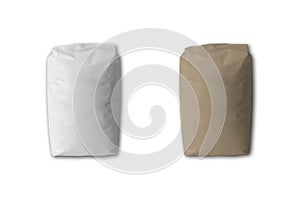 Blank white and brown Kraft paper flour bag packaging mockup isolated on white background.