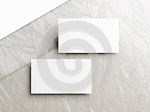 Blank white business card mockup on marble background 3d render illustration for mock up