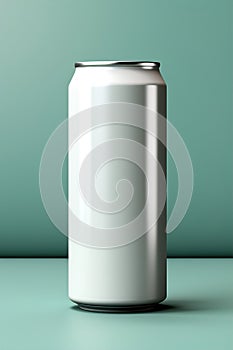 Blank white can of soda sitting on a table. Can mockup.