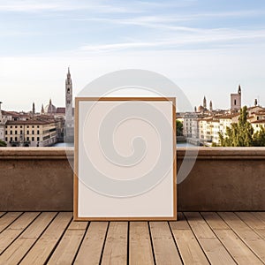 Blank white canvas frame leaning at bridge with rivercity background, Mock up template for adding your design, Generative AI