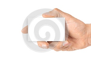 Blank white card. Hand holding blank business paper card isolated on white background. Empty credit template in person arm