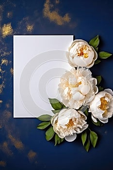 Blank White Card On Navy And Gold Background With Peonies Postcard. Generative AI