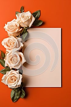 Blank White Card Top View On Orange Background Roses. Generative AI