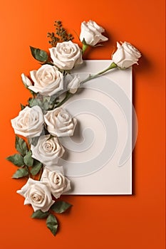 Blank White Card Top View On Orange Background Roses. Generative AI