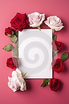 Blank White Card Top View On Pink Background Red Roses. Generative AI