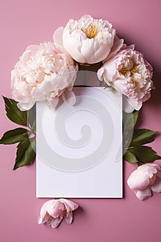 Blank White Card Top View On Pink Gold Background Peonies. Generative AI